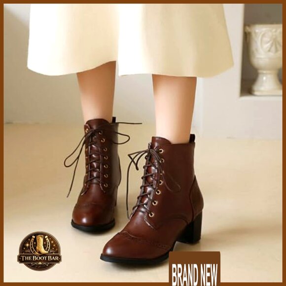 Chunky Heel Ankle Boots Lace Up Side Zip Dress Shoes Elegant Chic Retro - Picture 5 of 7